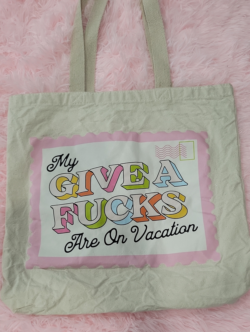 Canvas Tote Bag - Multicolor Lettering Pink Trim